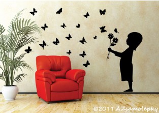 Samolepky na zeď - Kluk s květinou a motýlky