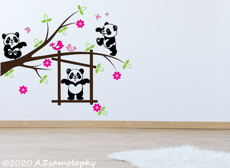 Dětské samolepky na zeď - Pandy na větvi - M (80 x 68 cm)