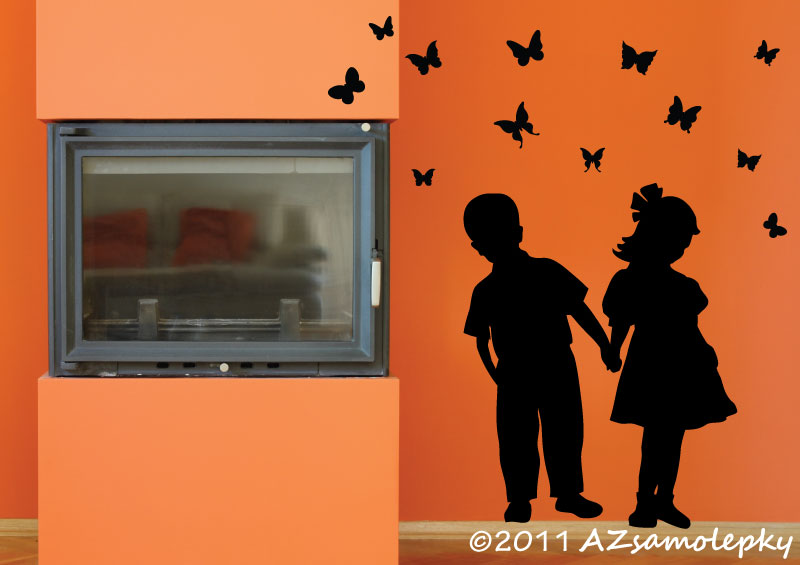 Samolepky na zeď - Děti s motýlky - L (65 x 80 cm)
